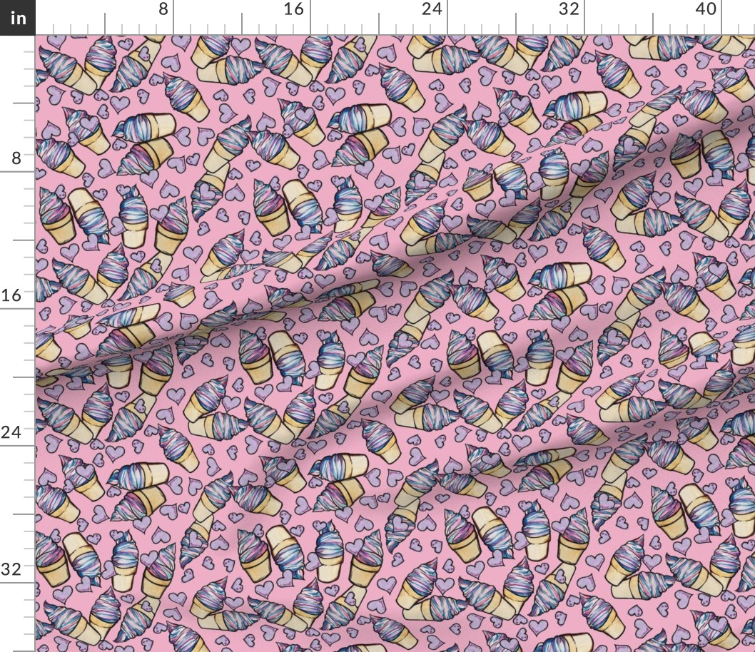 Pattern design featuring colorful ice cream cones and small purple and pink heart shapes on a pink background.