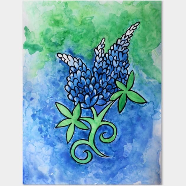 Watercolor painting of a blue and purple lupine flower texas bluebonnet with green leaves and stem, set against a green and blue watercolor background.