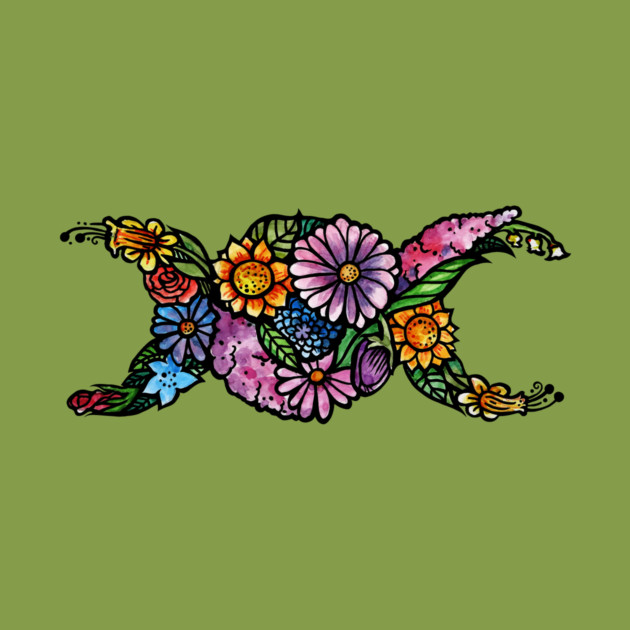 A colorful illustration of a triple moon goddess symbol  made of various flowers and leaves on a green background.