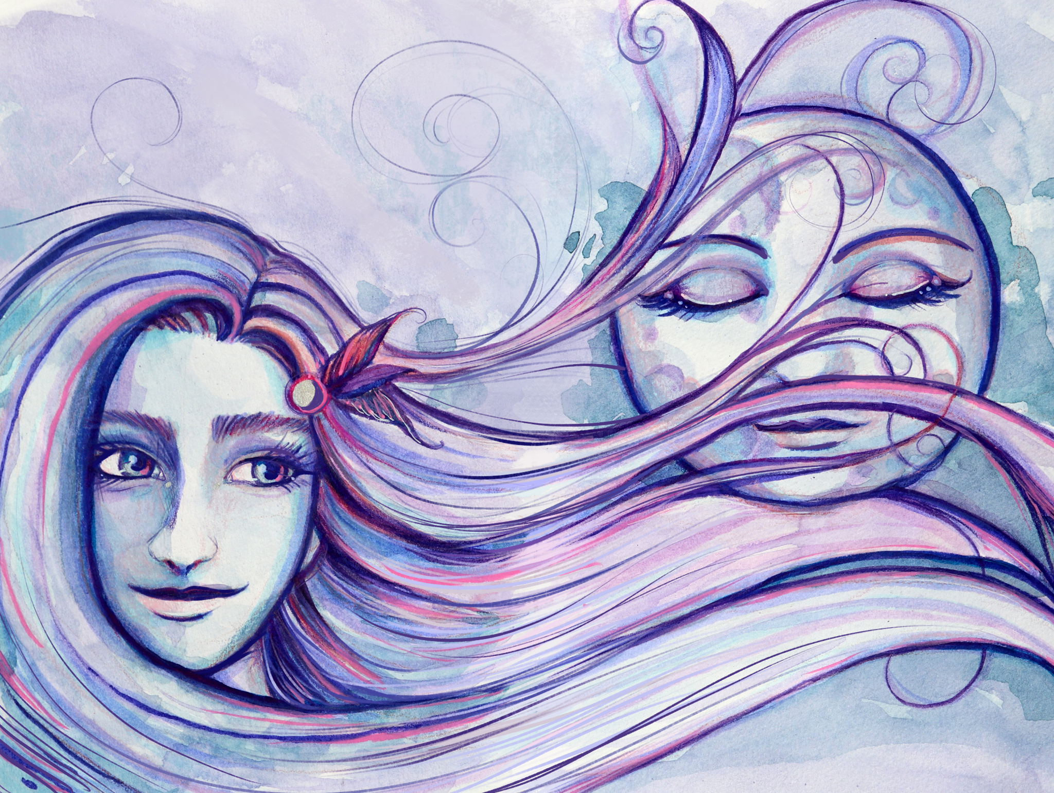 Ethereal Moon Goddess Flowing Hair Art
