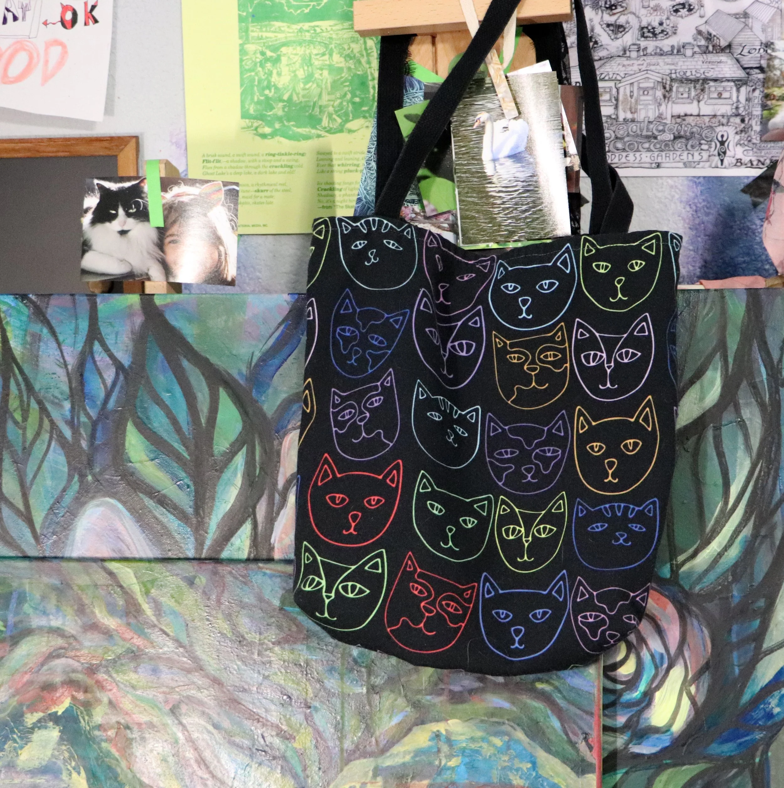 Retro 80s neon kitty cats tote bag