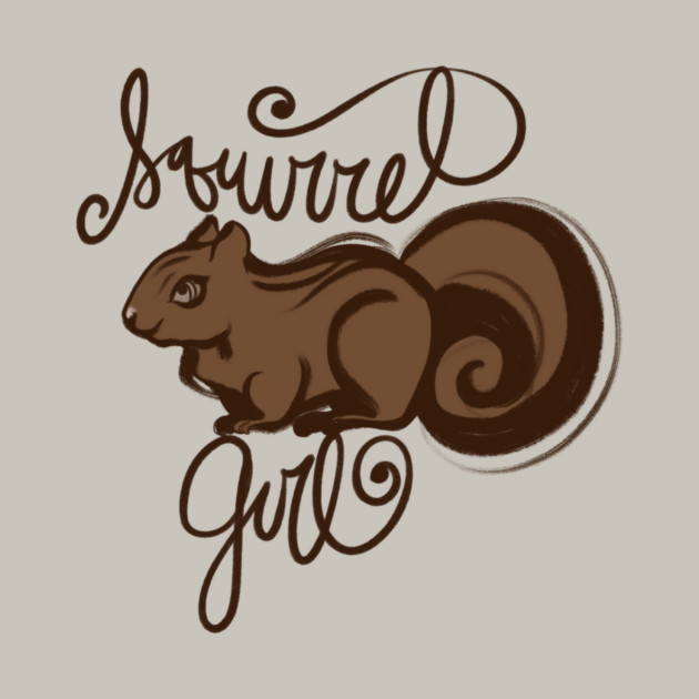 A stylized illustration of a squirrel with the words "squirrel girl" written in cursive above and below.
