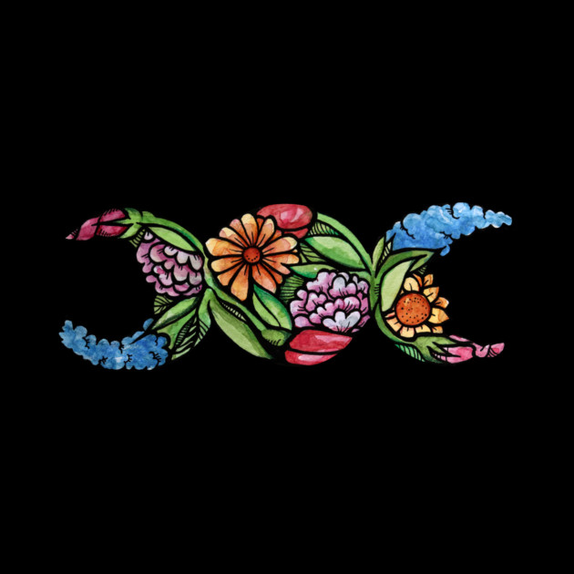 Colorful floral tattoo triple moon goddess symbol  design with a mix of orange, pink, purple, and blue flowers and green leaves on a black background.
