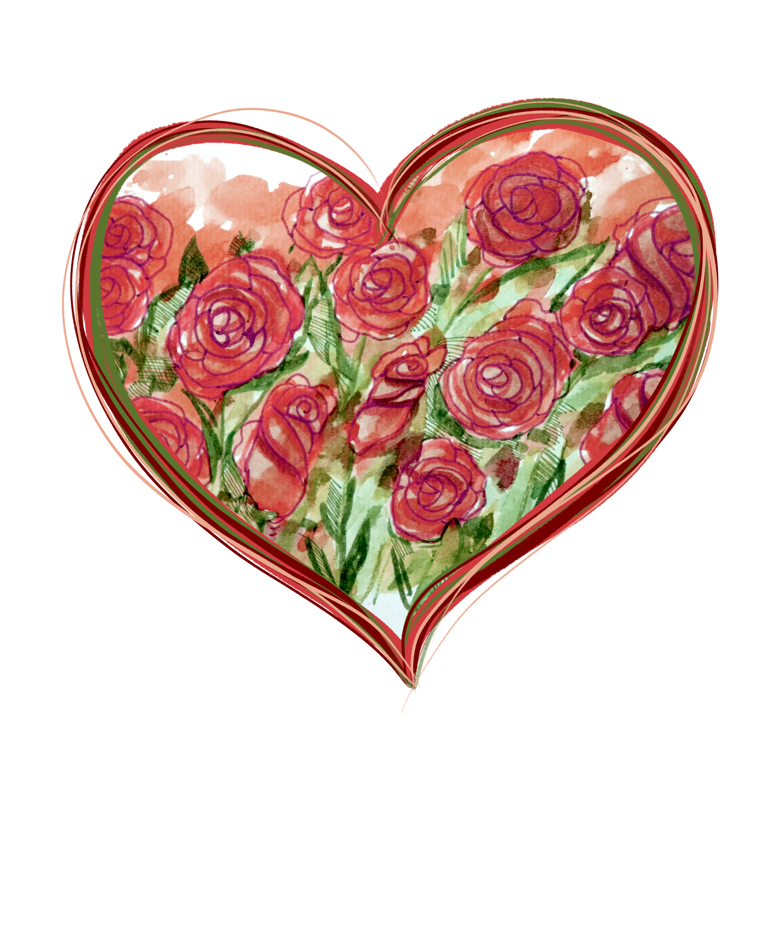 Heart-shaped graphic with a watercolor painting of red roses and green leaves inside and multiple outline borders in shades of red, pink, and green.