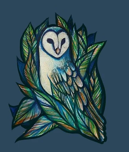 Stylized illustration of an owl surrounded by colorful leaves with a dark blue background.
