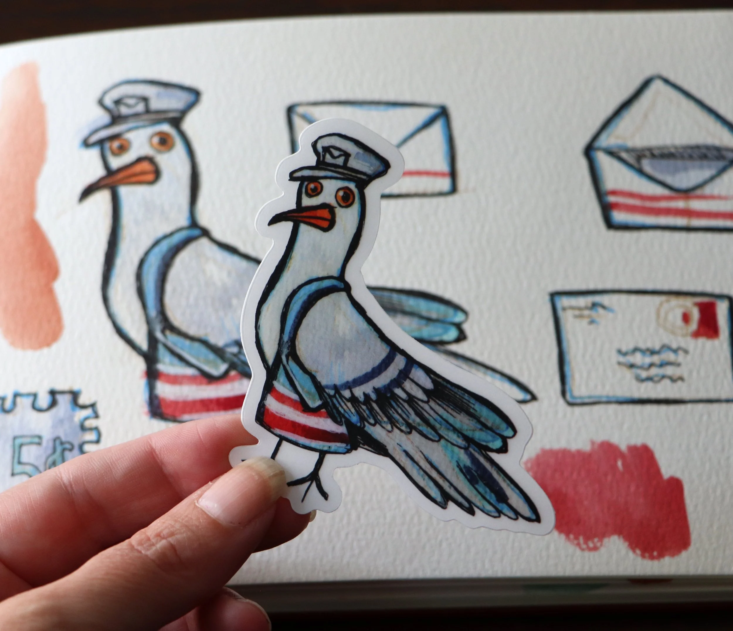 Drawing of a goose wearing a U.S. military officer's hat, placed in front of a matching cartoon illustration on paper, with a background featuring a red, white, and blue striped pattern.