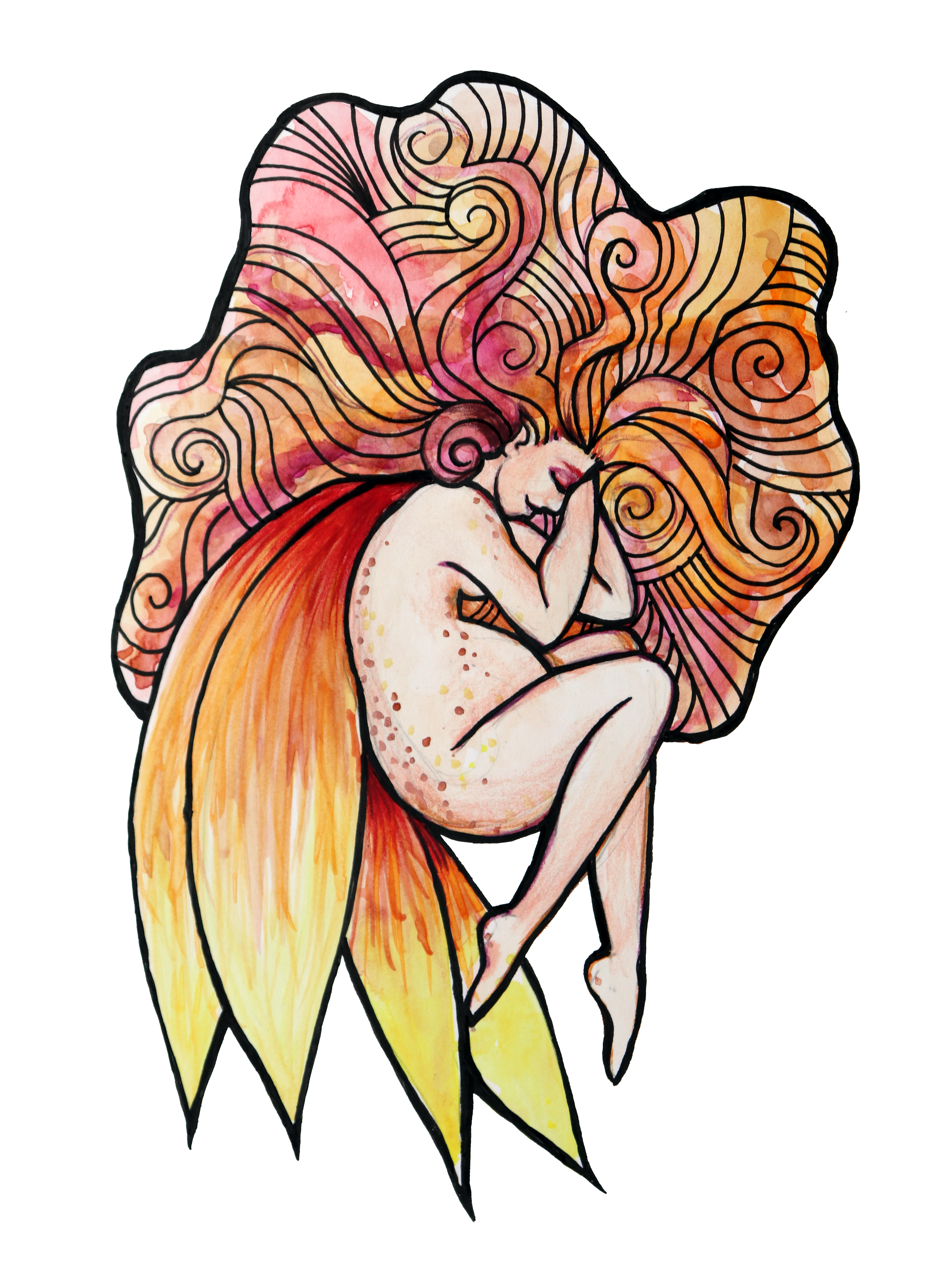 Watercolor illustration of a woman with long, flowing hair, curled up in a fetal position, surrounded by swirling patterns and warm colors.