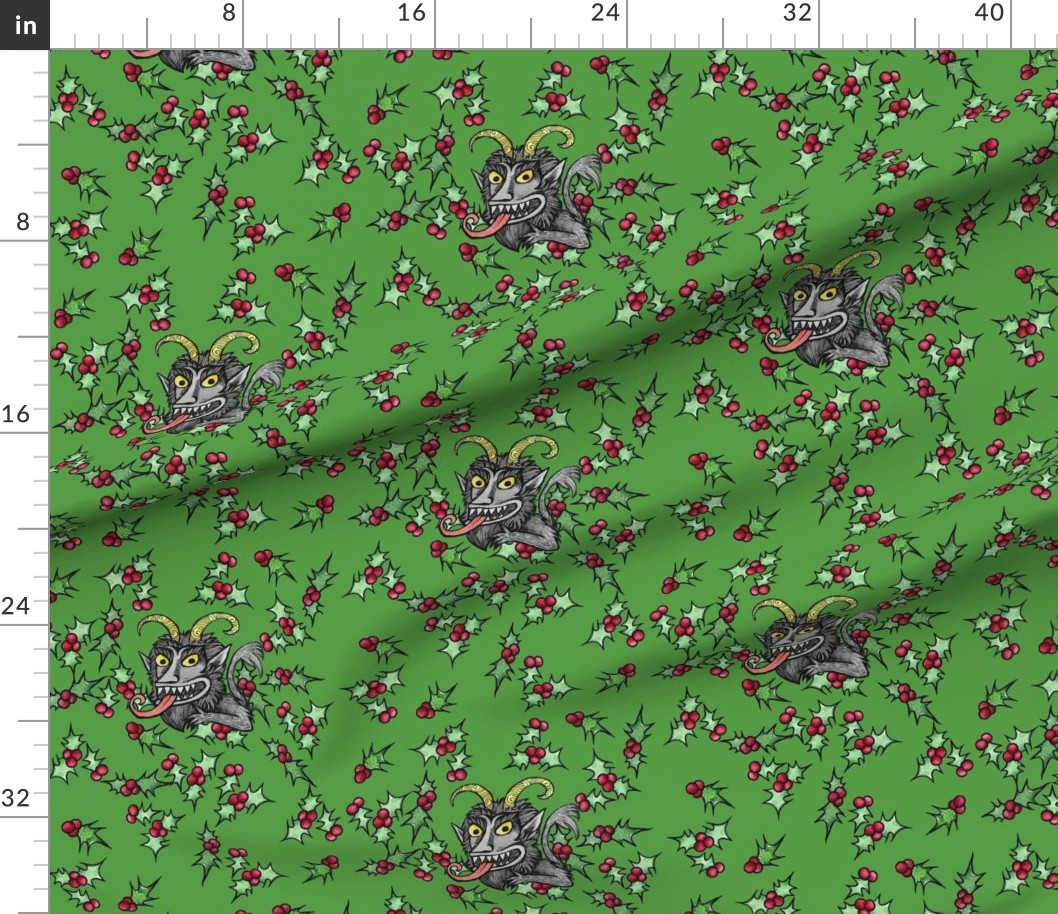 Pattern of cartoon goats with yellow eyes and gray fur, surrounded by holly leaves and red berries on a green background.