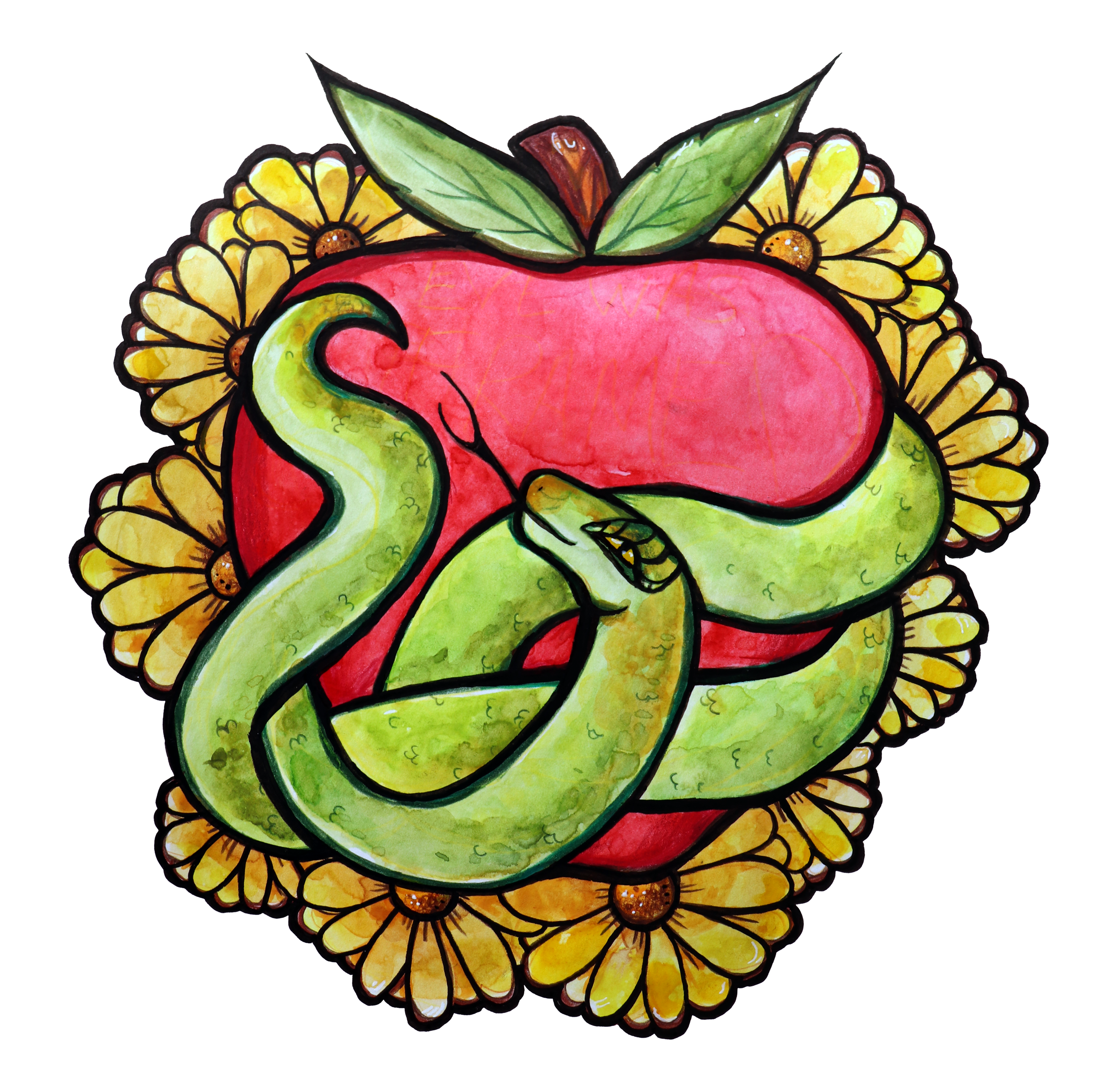 Hand-painted illustration of a pomegranate surrounded by yellow flowers, green leaves, and a decorative border.