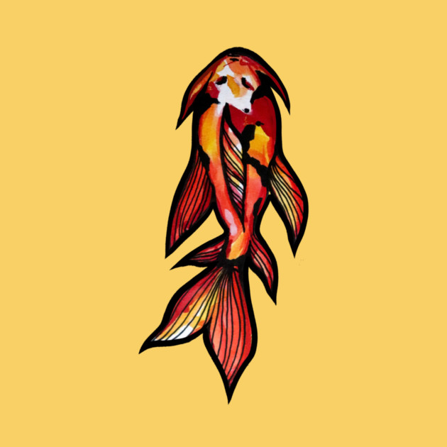 Colorful stylized drawing of a koi fish on a yellow background.