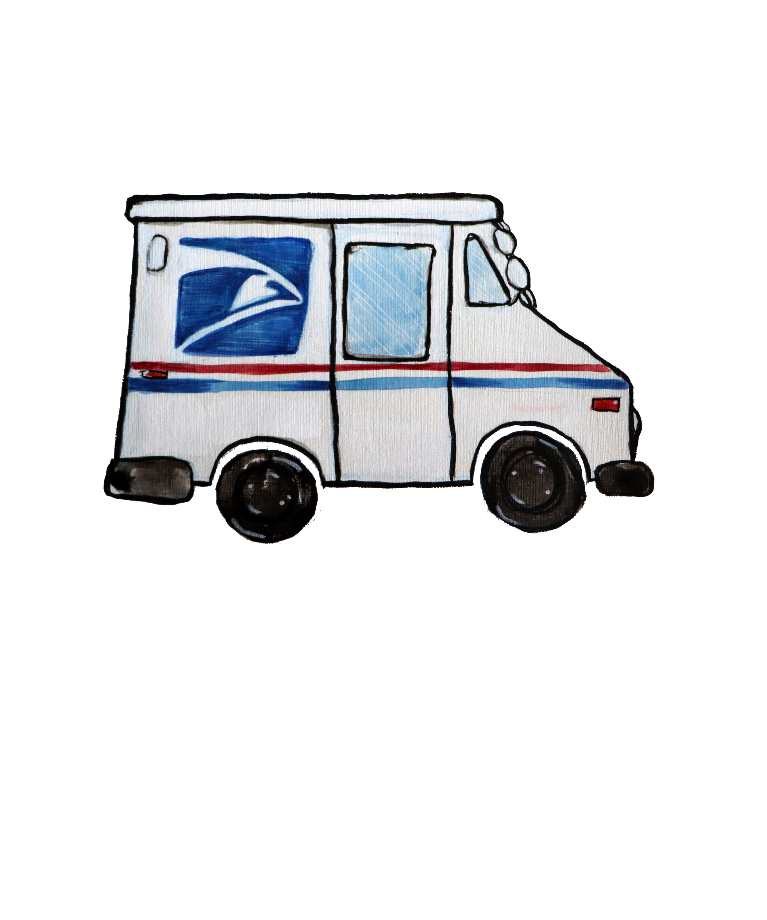 Illustration of a USPS postal service delivery truck with a blue eagle logo on the side, black wheels, and red and blue stripes.