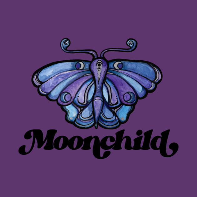 A purple background with a colorful butterfly above the word "Moonchild" written in black, stylized font.