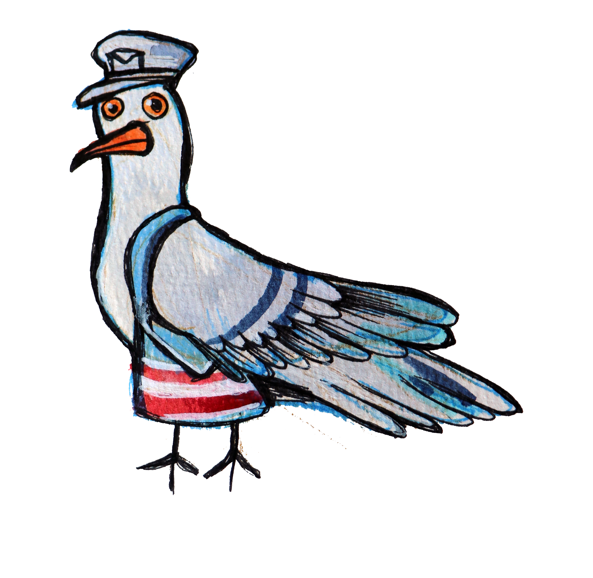 A colored drawing of a Mail Carrier Pigeon USPS, wearing a hat with a star, a red and white striped shirt, and standing on one leg.