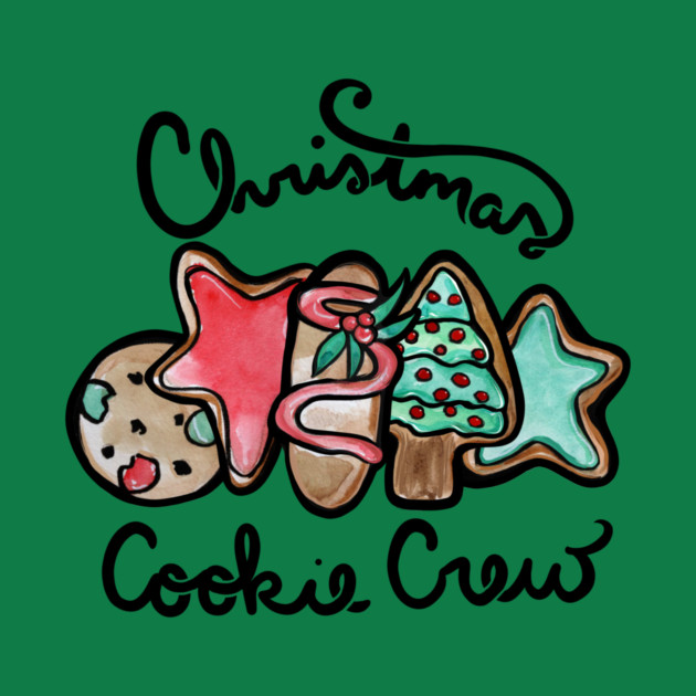 Colorful illustrations of decorated Christmas cookies, including a star-shaped cookie, a Christmas tree, a candy cane, and a round cookie with chocolate chips, with the text 'Christmas Cookie Crew' above and below the cookies on a green background.