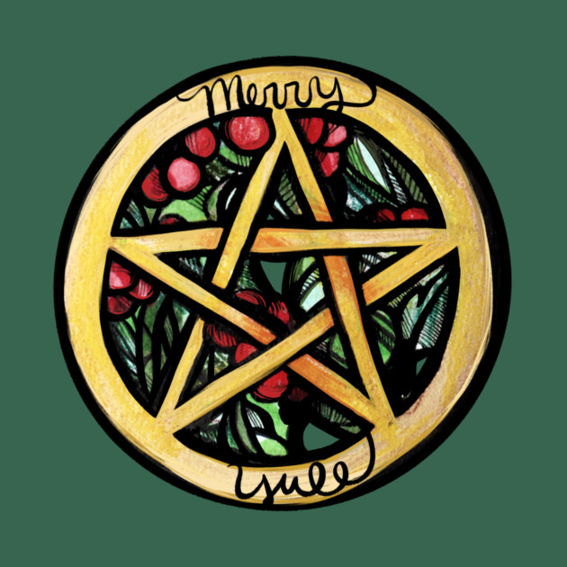 A stained glass-style animated Christmas ornament with a gold pentagram in the center, decorated with holly and red berries, and the words 'Merry' at the top and 'Yule' at the bottom.
