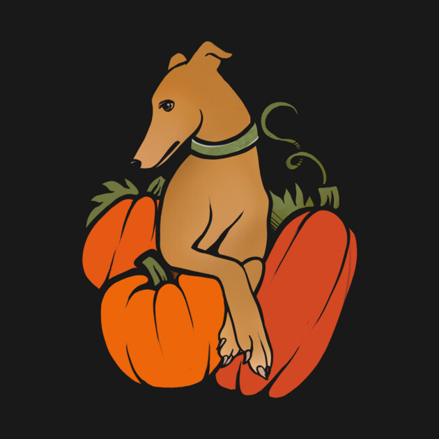 Illustration of a dog sitting between two pumpkins on a black background.