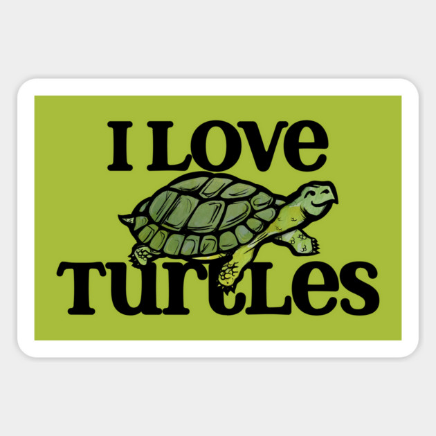 A sticker with the text 'I love turtles' and an illustration of a turtle on a green background.