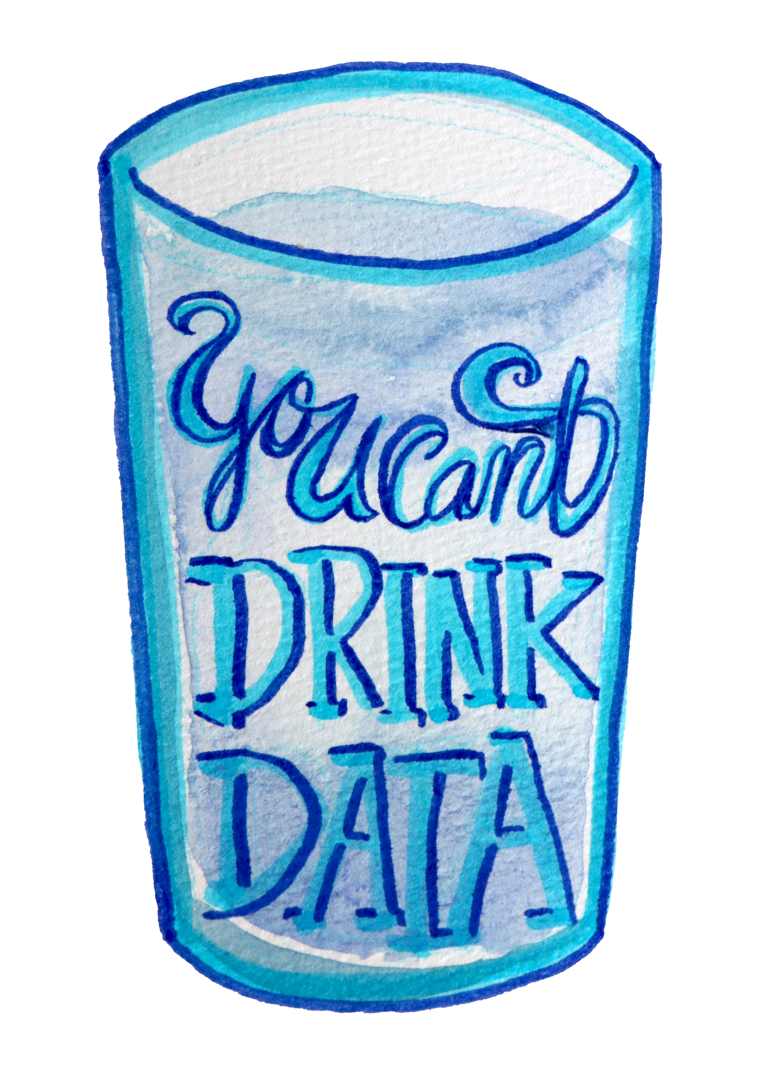 A watercolor painting of a container of water, focusing on the top part of the label with blue and white colors. that say YOU CAN'T DRINK DATA
