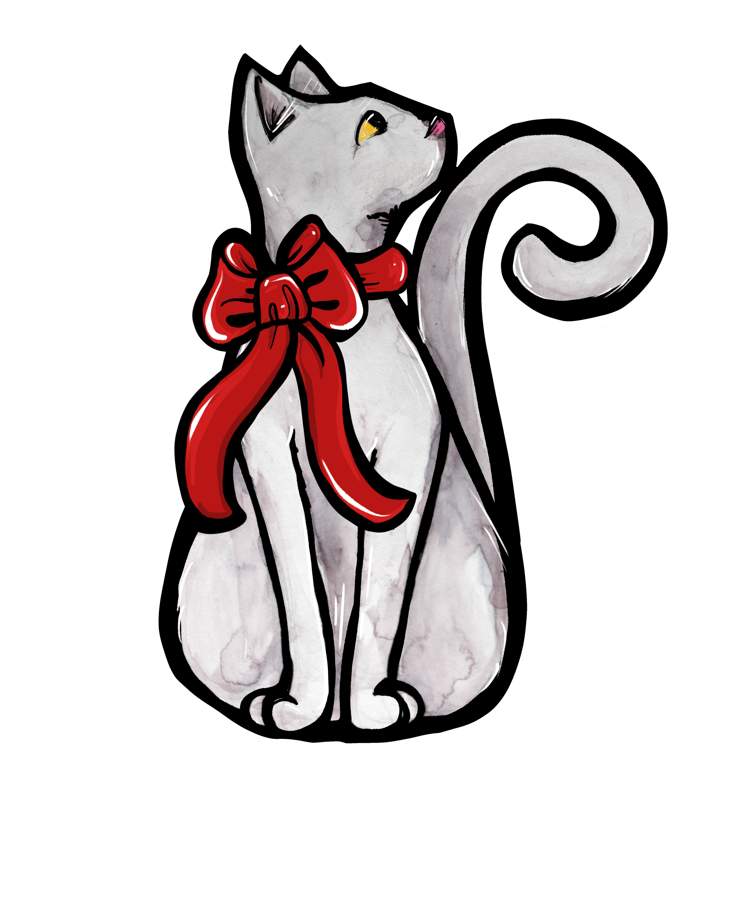 Stylized illustration of a white cat with black outlines, wearing a large red bow around its neck, sitting against a black background.