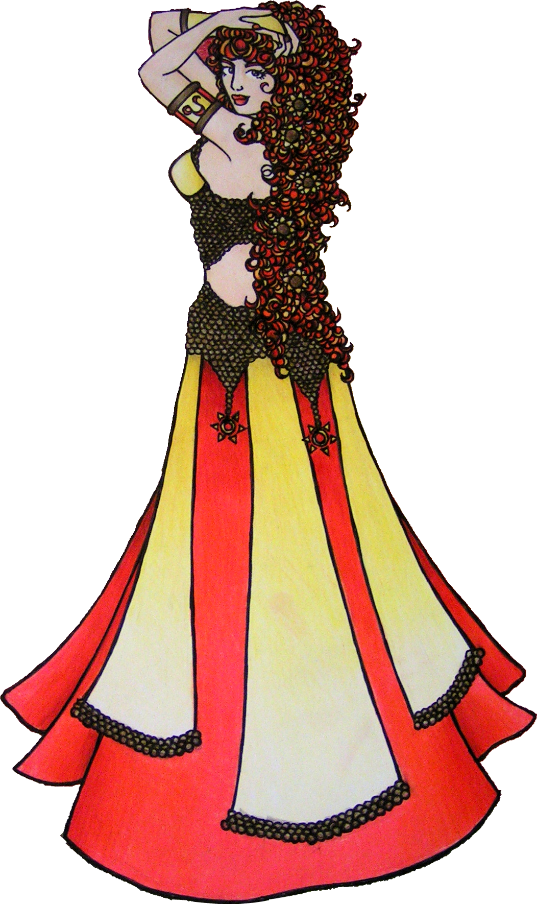 Drawing of a leo belly dancer woman with long, curly red hair wearing a black and yellow dress with red and yellow panels and decorative black trim.