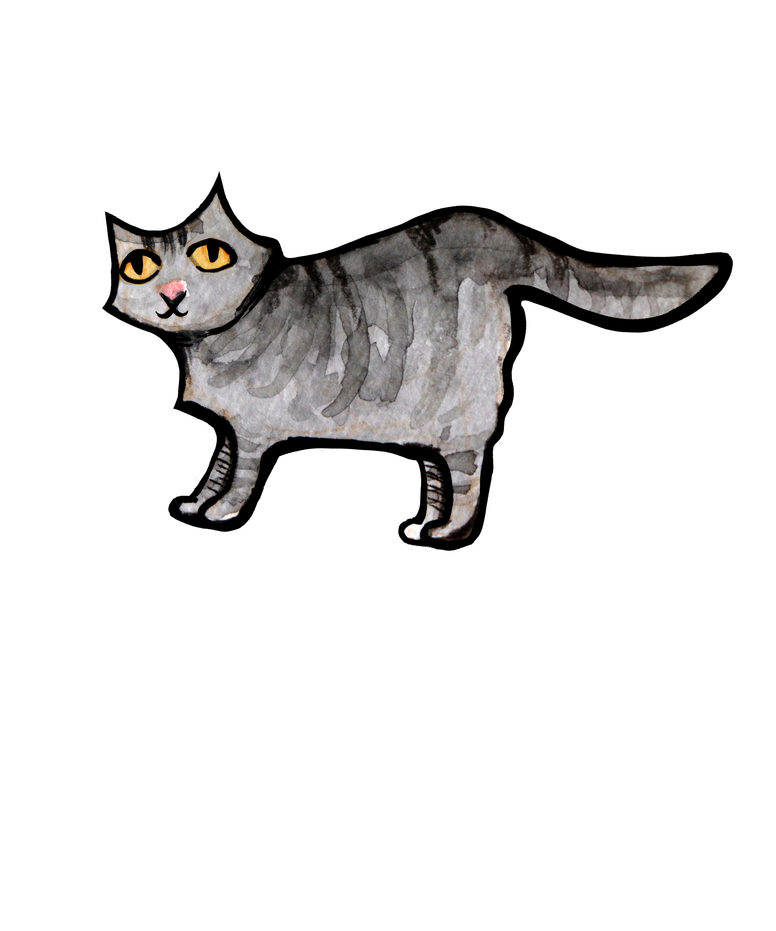 Watercolor illustration of a gray tabby cat with yellow eyes and pink nose, standing against a black background.