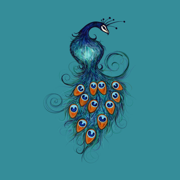 Stylized illustration of a peacock with blue and green feathers and orange eye patterns on its tail, set against a teal background.