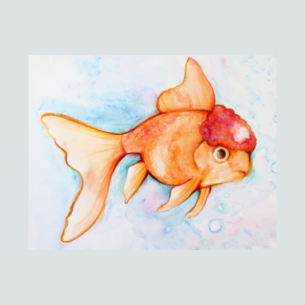 Watercolor painting of a goldfish with a prominent red head and large eyes, set against a light blue background.