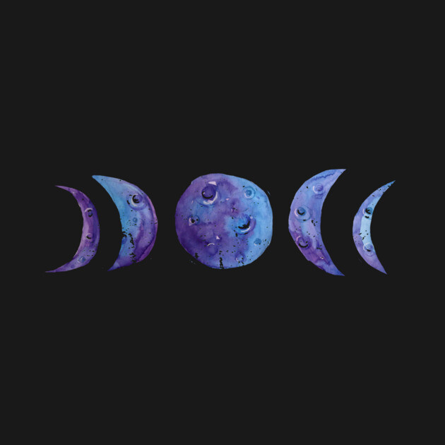 Artwork of the moon phases in shades of blue and purple on a black background, showing waxing crescent, full moon, and waning crescent.