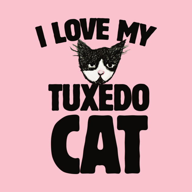 A pink T-shirt with a graphic of a tuxedo cat's face and the text 'I Love My Tuxedo Cat' in bold black letters.