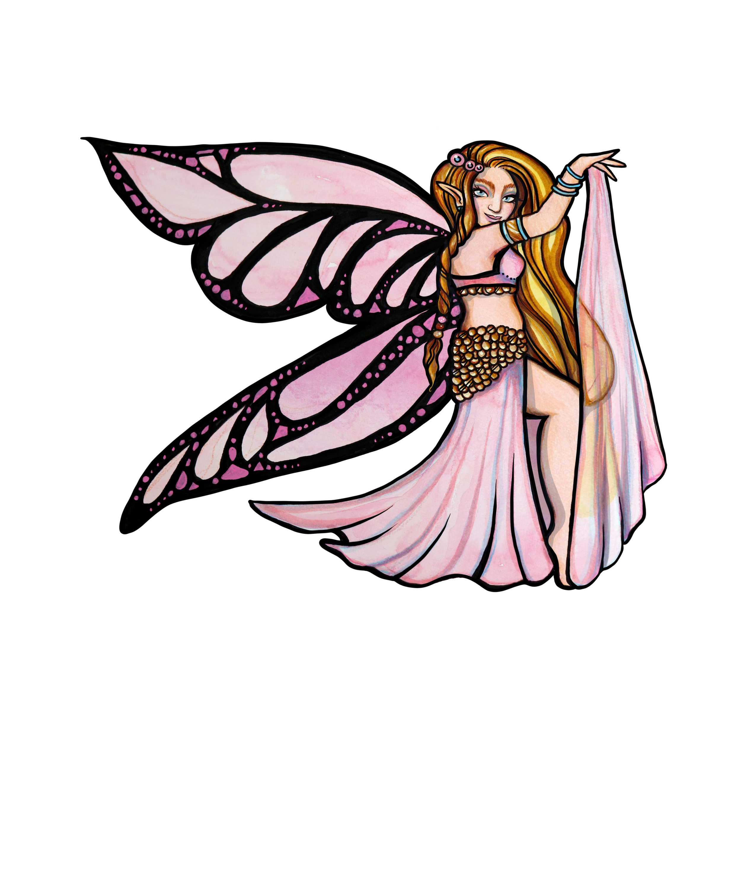 Drawing of a belly dancer fairy with pink butterfly wings, long blonde hair, and a pink skirt, holding a pink cloth.
