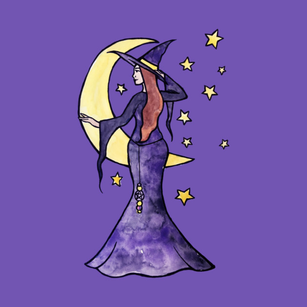 Drawing of a witch in a purple dress and hat, standing in front of a yellow moon and scattered stars against a purple background.