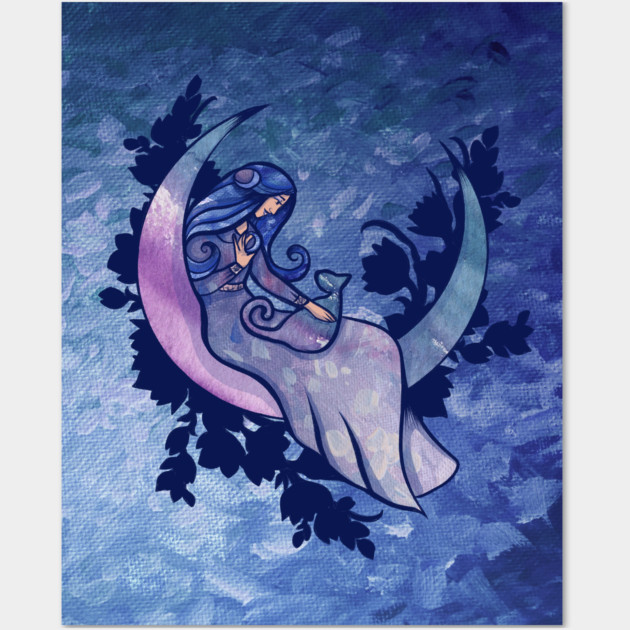 A digital illustration of a woman with long blue hair sitting on a crescent moon, surrounded by dark leaves and a blue textured background.