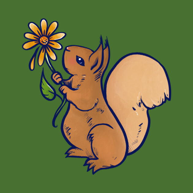 A cartoon squirrel holding a flower on a green background.
