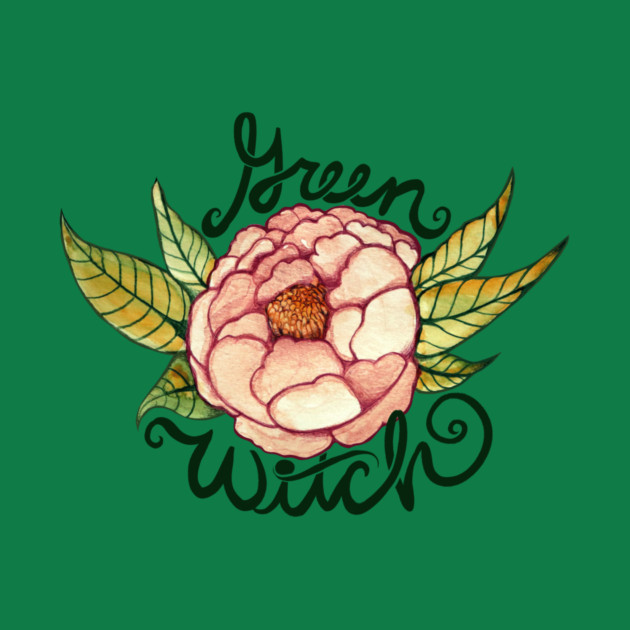 A floral graphic with a large pink peony flower, green leaves, and the words green witch' in black cursive font on a green background.