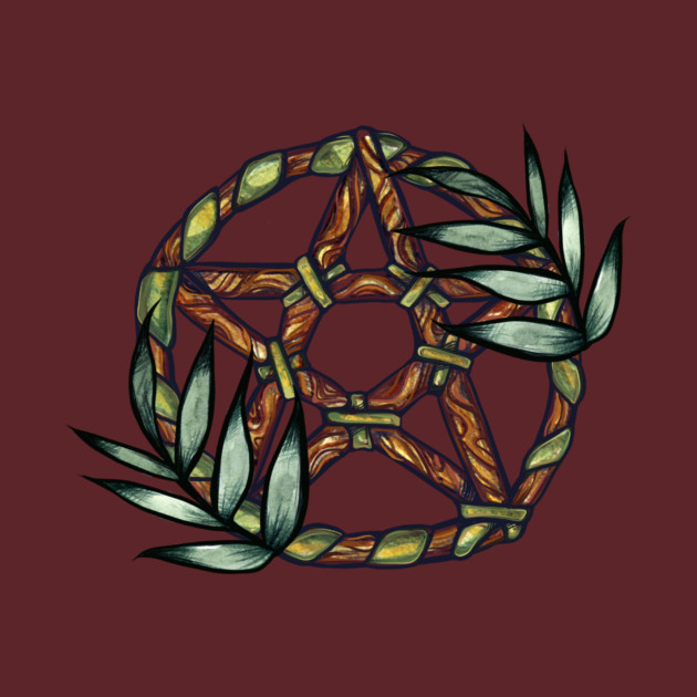 A stylized brown star-shaped wreath made of braided wood or bamboo, surrounded by green leaves on a dark maroon background. Green Witch pentacle Illustration by Lacy Chenault