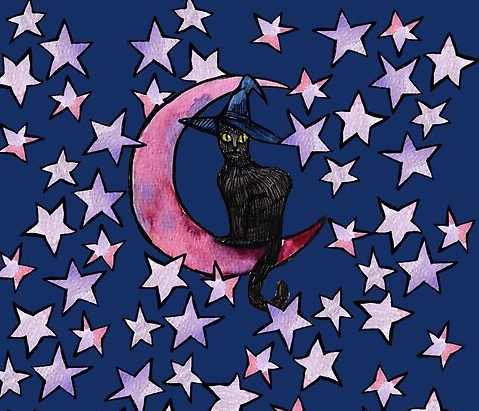 Black cat wearing a witch hat sitting on a pink crescent moon, surrounded by pink and purple stars on a dark blue background.
