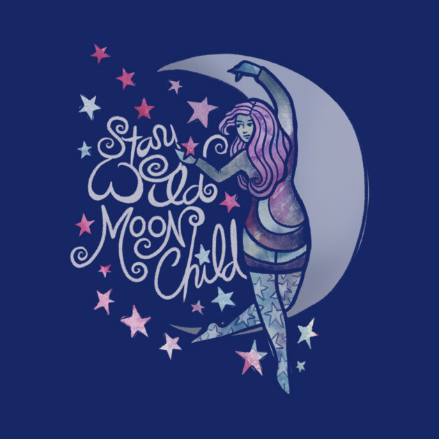 Illustration of a girl with pink hair in a space-themed outfit, standing in front of a large moon with pink and white stars around her. Text reads 'Stay Wild Moon Child' in whimsical font.
