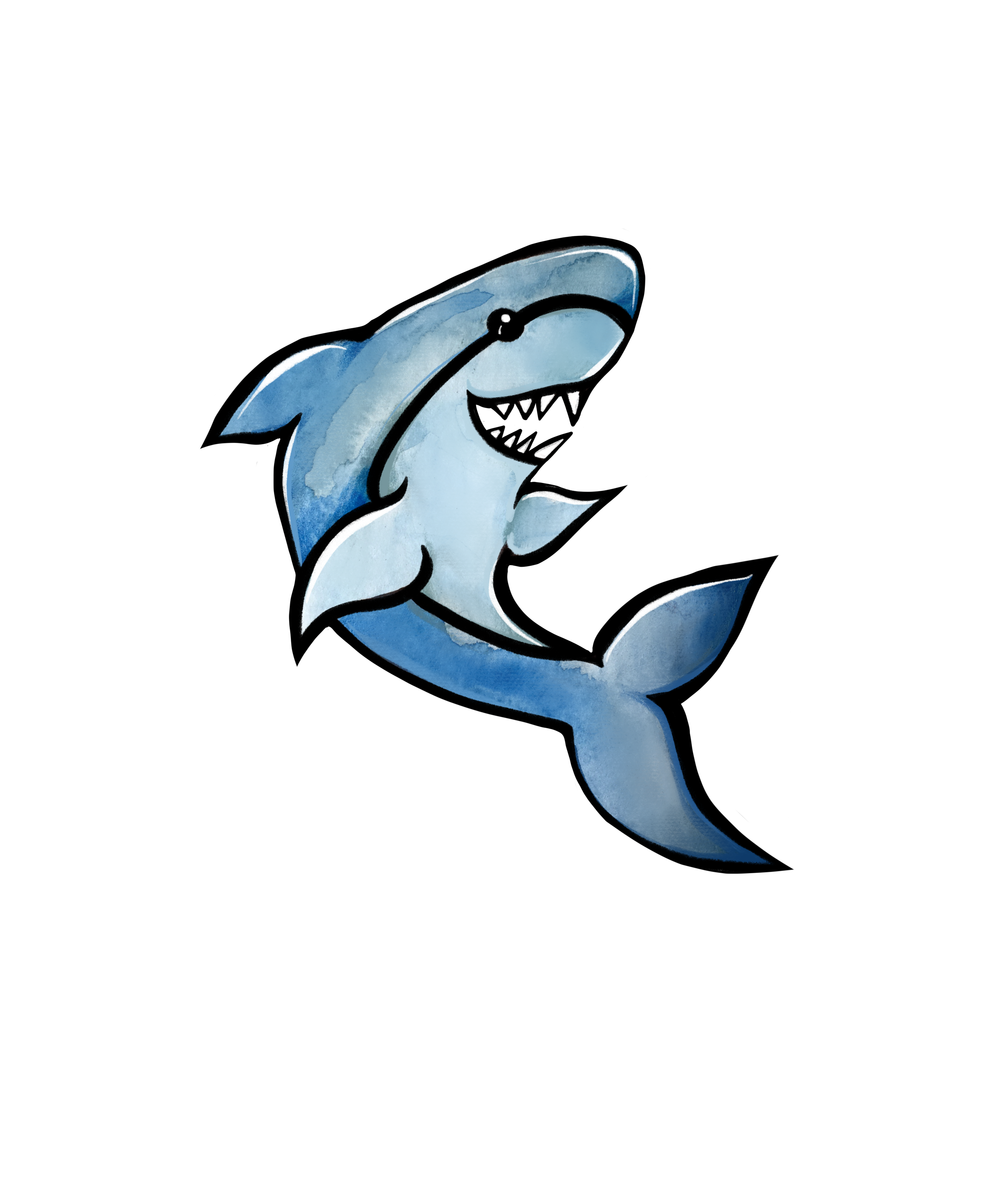 Drawing of a cartoon shark with a mischievous expression on a black background.