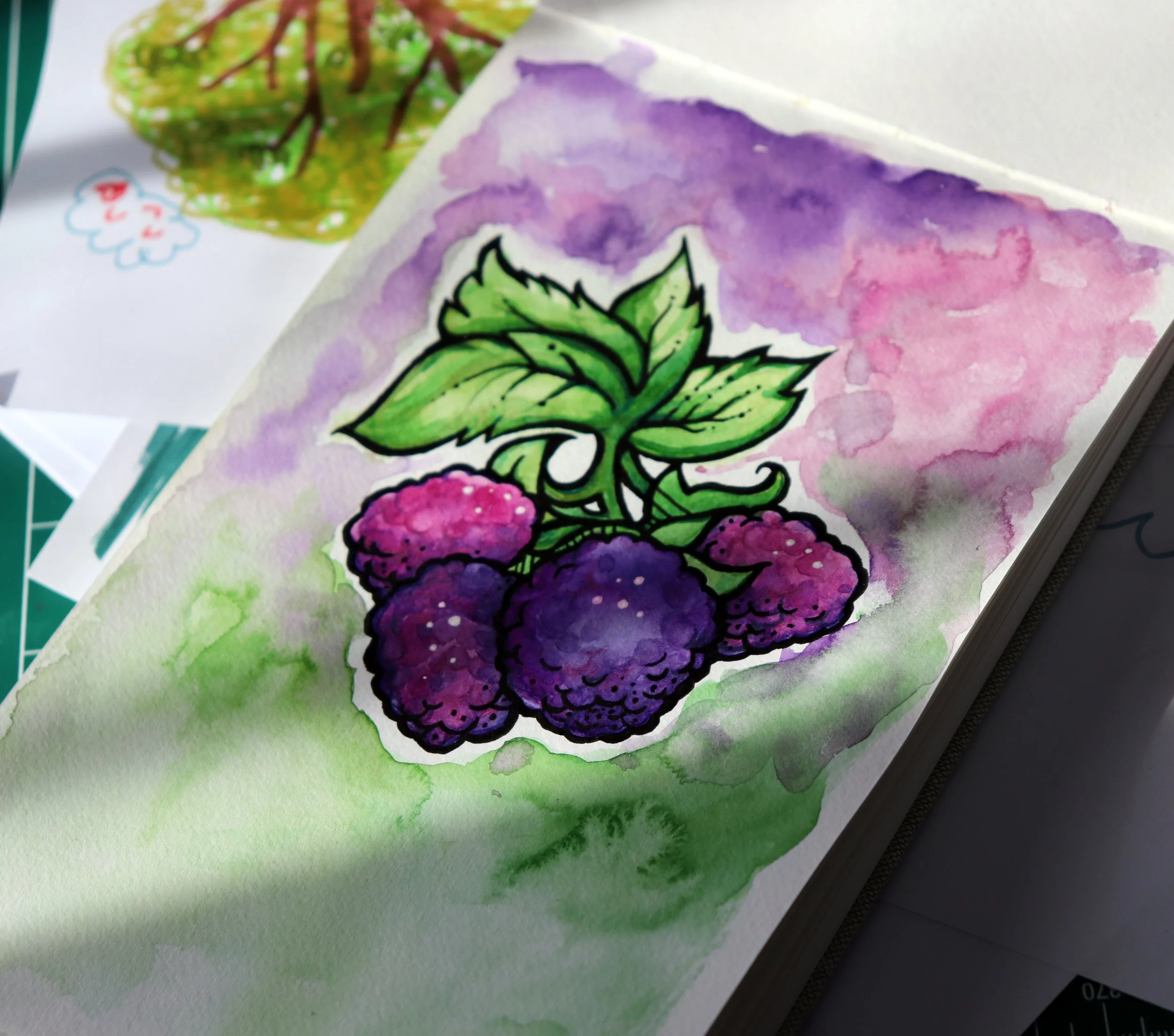 Watercolor painting of purple berries and green leaves with a light purple and green background.