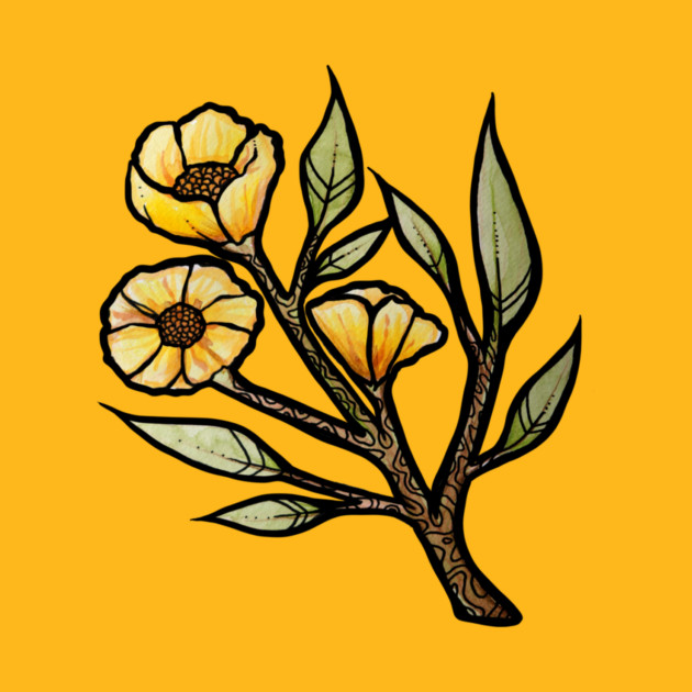 Illustration of yellow flowers with green leaves and brown stems against a yellow background.
