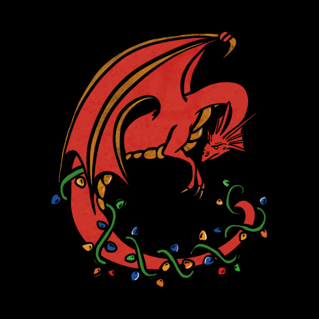 A cartoon-style red dragon with wings, sitting and surrounded by colorful, glowing Christmas lights.