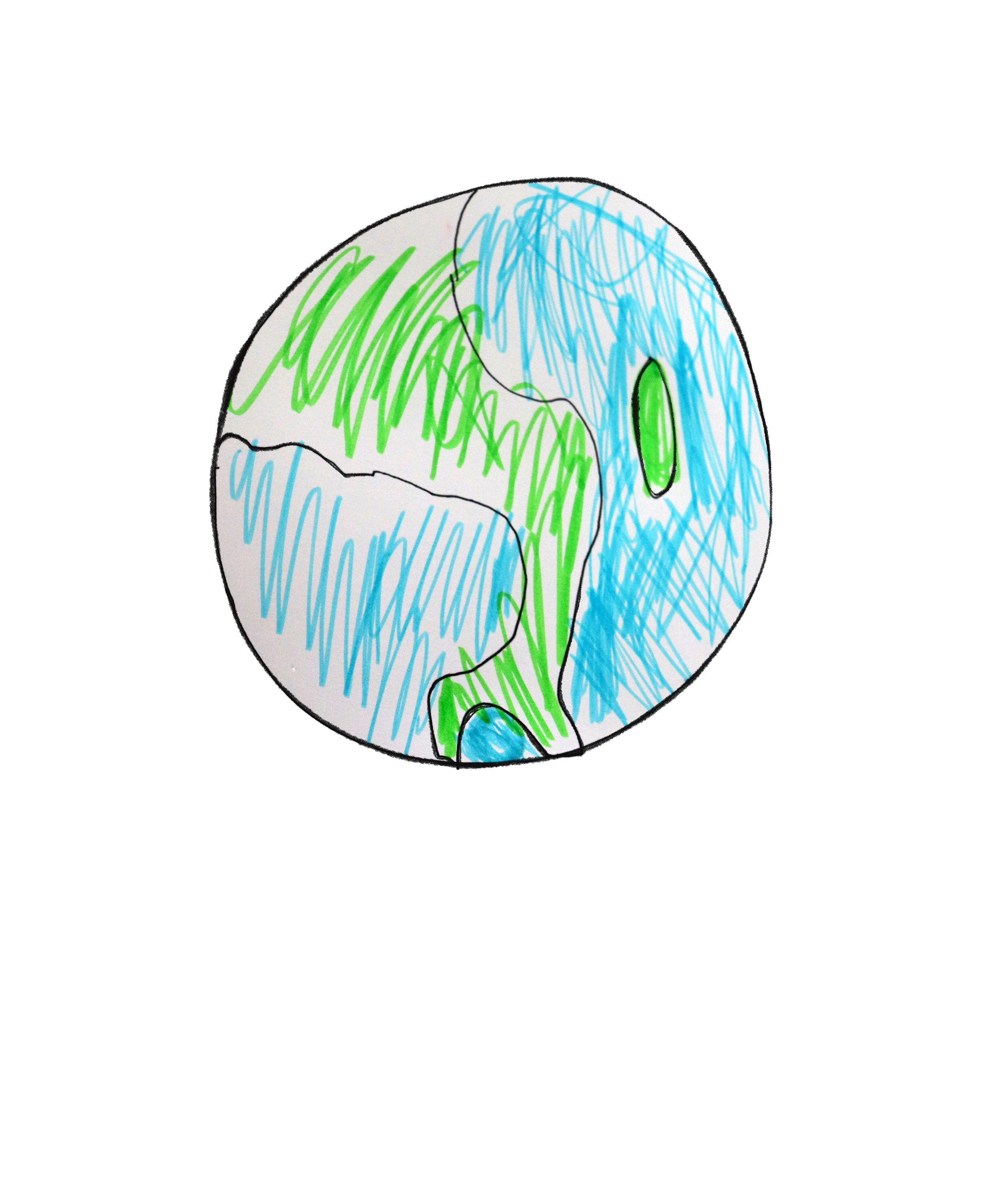 Colorful drawing of the Earth with green landmasses and blue oceans on a black background.
