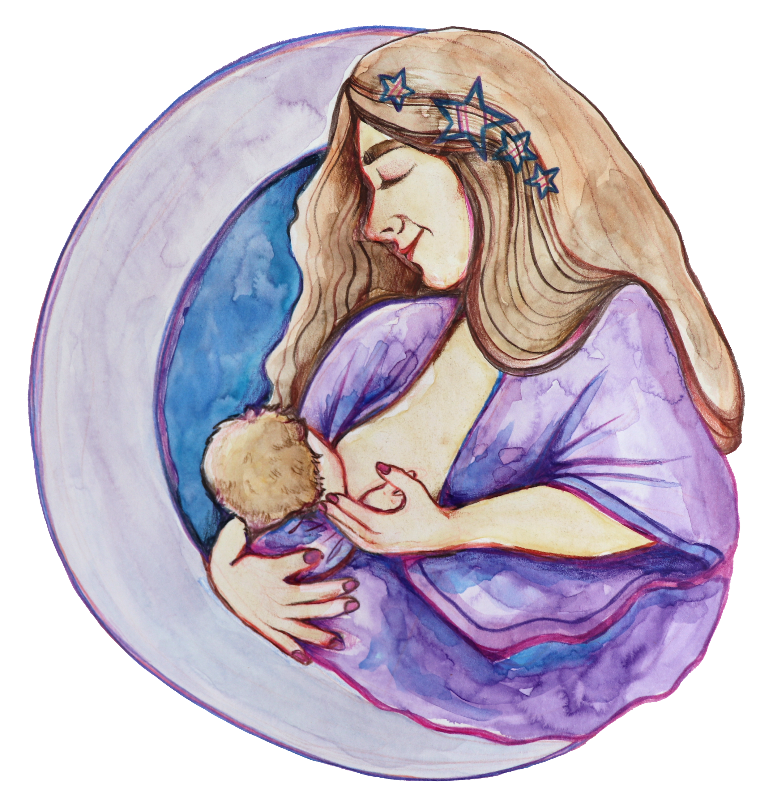 Watercolor painting of a mother breastfeeding her baby, with a crescent moon and stars in the background.