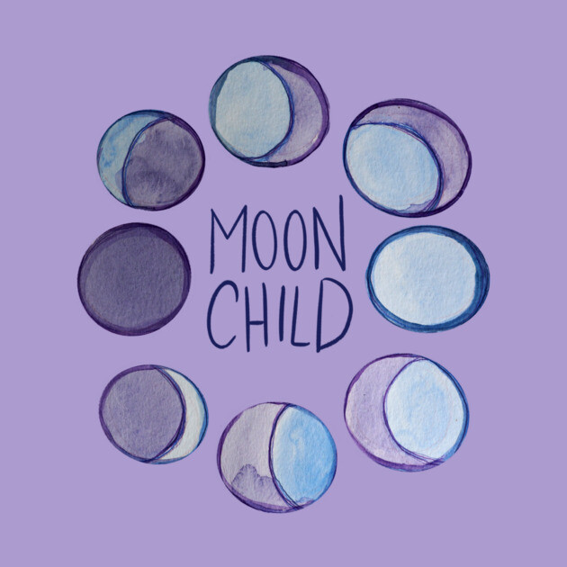 Watercolor illustration of nine moon phases arranged in a circle with the words 'Moon Child' written in the center on a purple background.