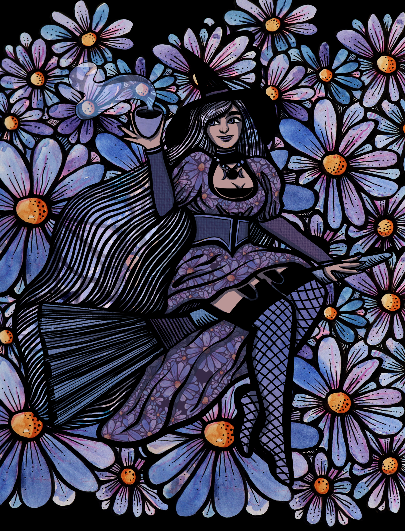 A digital illustration of a woman dressed as a witch, holding a steaming cup, surrounded by purple, pink, and blue flowers with orange centers.