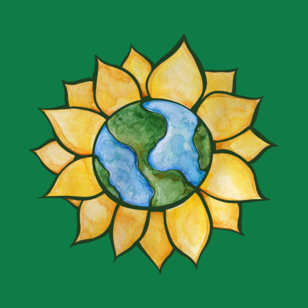 A watercolor illustration of Earth surrounded by a yellow sunflower with green background.