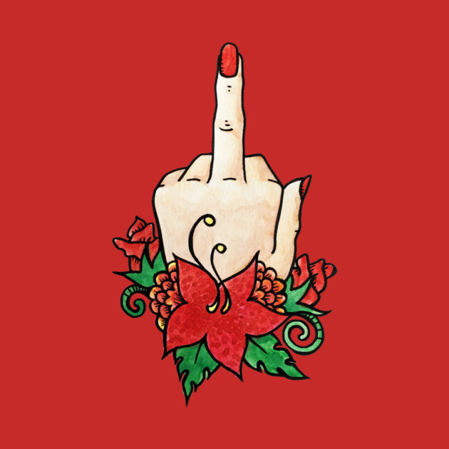 A tattoo of a hand giving the middle finger, surrounded by red and pink flowers and green leaves, on a red background.