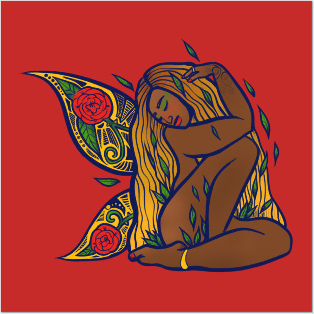A stylized digital illustration of a fairy-like woman with long blonde hair, closed eyes, and a peaceful expression, sitting on her knees with her arms wrapped around her legs. She has large, colorful, intricate fairy wings decorated with floral patt