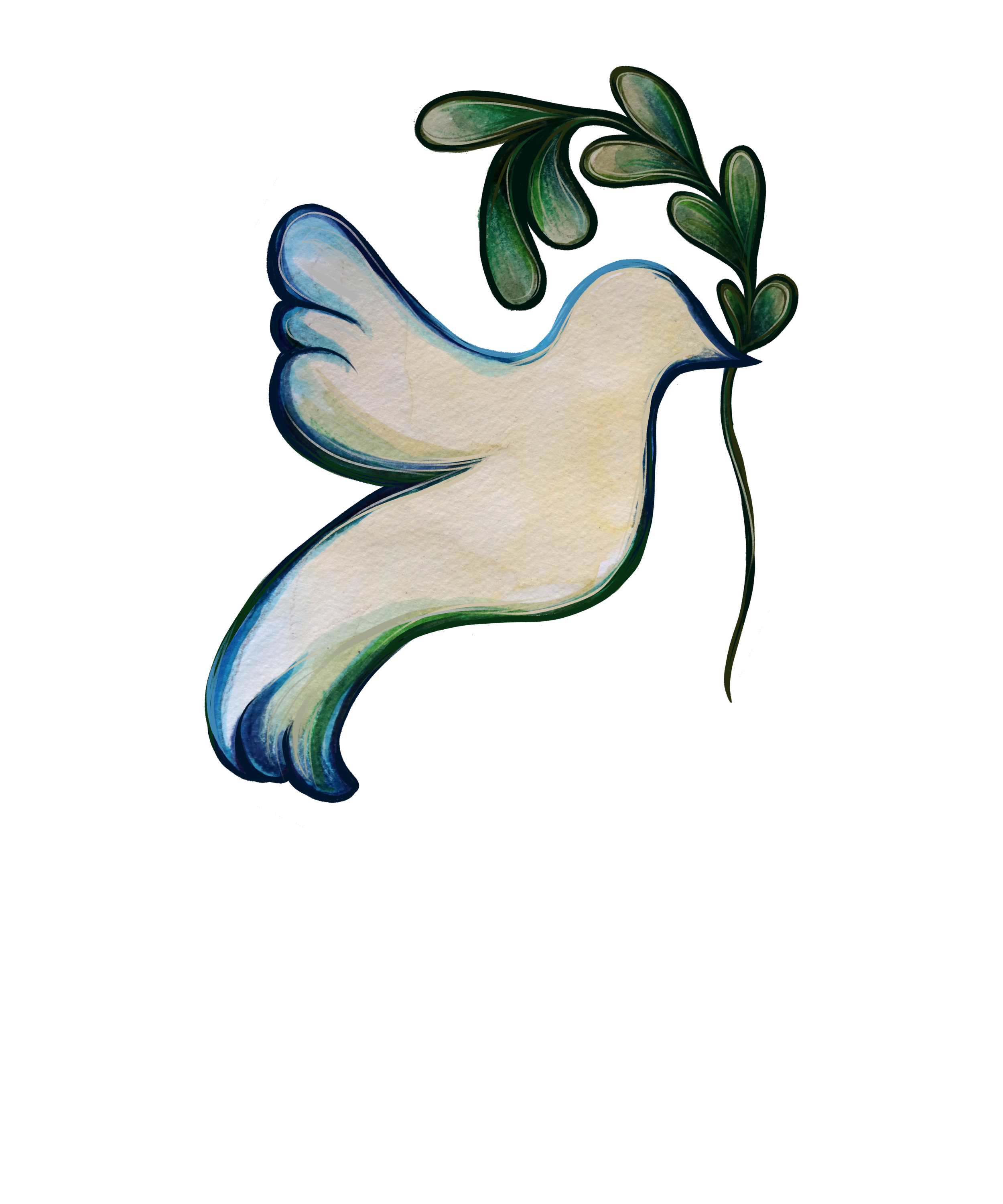 Painting of a white dove holding an olive branch, with green leaves, on a black background.