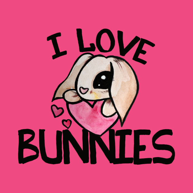 Cute illustration of a bunny with big eyes holding a pink heart, surrounded by text saying 'I LOVE BUNNIES' and small hearts on a pink background.